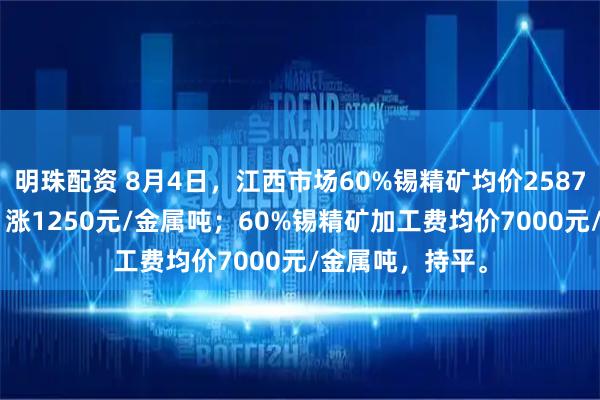 明珠配资 8月4日，江西市场60%锡精矿均价258750元/金属吨，涨1250元/金属吨；60%锡精矿加工费均价7000元/金属吨，持平。